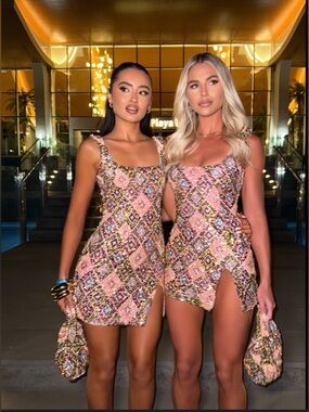 Sorelle UK Crystal Mini Dress Pink & Gold Sequined Embellished Harlequin Print